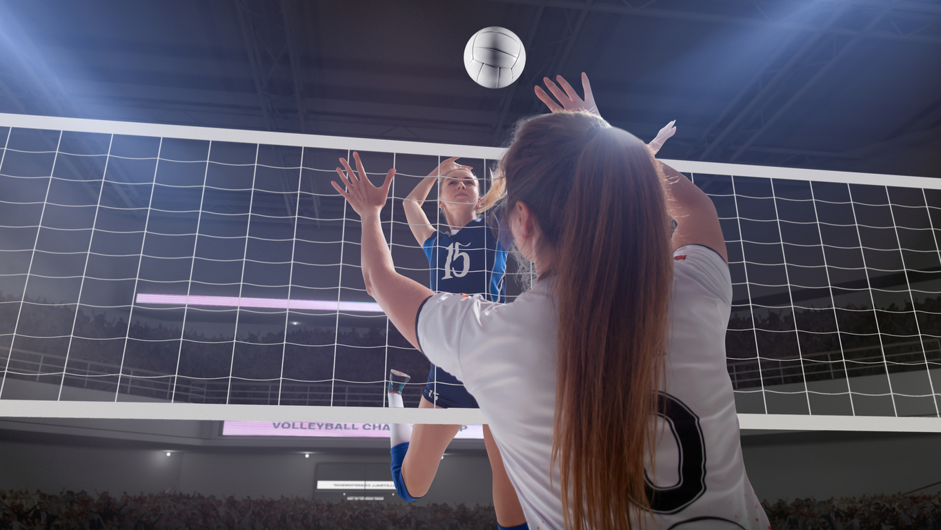 winter sports braces safety, Female professional volleyball players in action on 3d stadium.